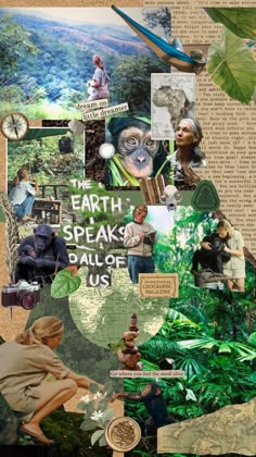 the collage is made up of many different pictures and words, including trees, plants, animals, people, and letters