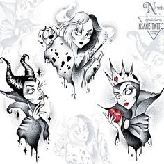 some disney princesses with their faces painted in black and white, one is holding a heart