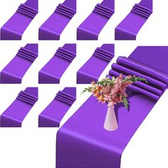 there is a vase with flowers in it on the purple table runneres that are lined up