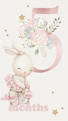 a pink and white greeting card with a bunny sitting on it's knees in front of the number five