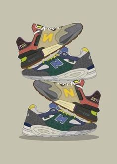 three new balance shoes with different colors on them