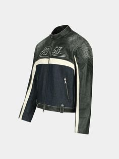 This is a unique 24 racing jacket that is made out of contrastinc color and texture fabric and cow leather. With unique cropped oversized silhouette, quilting detail on the top and hidden jacquard lining, you can wear it for casual and trendy look. - Oversized silhouette- Cropped length- Vintage cow leather, Conemills Denim fabric- Quilting detail on the top and hidden jacquard lining- 'ADSB' logo embroidery Black Patchwork Leather Jacket, Casual Black Leather Jacket With Patchwork, Winter Black Leather Jacket With Patchwork, Black Patchwork Leather Jacket For Winter, Designer Black Biker Jacket With Padded Collar, Casual Black Leather Jacket With Contrast Stitching, Biker Style Patchwork Outerwear For Winter, Black Patchwork Biker Jacket For Winter, Fitted Black Leather Jacket With Patchwork