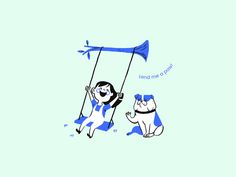 two cartoon cats sitting on swings and one has an umbrella over its head, while the other is holding a blue flag