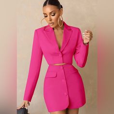 Gorgeous "Investment " Blazer And “Ceo” Skirt By Club L London. This Bright Neon Style Is Cropped To Perfection, Highlighting Your Midriff Whilst The Plunging V Neckline Adds A Sophisticated Touch. Crafted With Premium Crepe Fabric, Nothing Says Put Together Like A Blazer And This Crop Style Paired With The Matching "Ceo" Skirt That Will Have You Party-Ready In No Time. Has A Slight Amount Of Stretch! Blazer Is Us Size 4 And Skirt Is Us Size 2. Both Brand New. - Plunge V Neckline - Boxy Style Bl Satin Blazer Outfits, Classy Brunch, Blazer With Skirt, Pink Skirt Set, Blazer Skirt Set, Hot Pink Skirt, Brunch Outfits, Nature Vibes, Neon Style