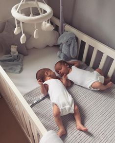 two babies laying in a crib with stuffed animals