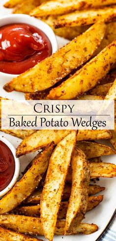 crispy baked potato wedges on a plate with ketchup