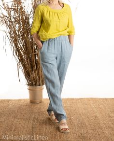 CECILIA relaxed fit linen pants with side seam pockets DETAILS ----------------- * Straight leg * Side seam pockets * Made from OEKO - TEX Standard 100 certified European linen fabric which guarantees you that it meets human - ecological requirements. * Handmade item. Cut and sewn by professionals in our family studio.  FIT ----------------- * Relaxed fit IMAGES ----------------- * Model is wearing XS/S * Please note that colors can slightly mismatch from pictures due to factors that are beyond our control like your display settings, device you are using etc. CARE INSTRUCTIONS ----------------- * Machine wash in cold water up to 30ºC/86ºF gentle cycle * Dry on low heat or hang to dry for best results. * We do not recommend ironing linen because the nature of the garment. It naturally tends Baggy Blue Linen Bottoms, Baggy Blue Linen Pants, Blue Linen Pants With Loose Fit, Blue Linen Relaxed Fit Pants, Blue Relaxed Fit Linen Pants, Fitted Linen Pants, Loose Linen Pants, Pockets Details, Ladies Pants