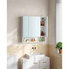 a bathroom with a sink, mirror and medicine cabinet in the corner next to a potted plant