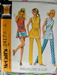 McCall's 2417; ©1970; Misses' & Junior Top In Two Versions and Pants or Shorts: Tops have center back zippers. Tops, with vents in side seams have fabric or ribbon drawstring. Pants or shorts have left side zippers. ORIGINAL SEWING PATTERN, not a copy or reproduction. Size 11, bust 33.5 Complete with UNCUT, FACTORY FOLDED, printed pattern pieces and instructions. Pattern envelope is in good vintage condition 040920 1970s Patterns, Mccalls Patterns Dress, Mccalls Patterns Vintage, Hot Pants Shorts, 1970s Sewing Patterns, Patron Vintage, Women's Sewing Pattern, Boho Hippie Dress, 70s Women