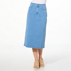 IMAN Global Chic Denim Midi Skirt   We took everything you love about your favorite pair of jeans and put them into this easy-to-style denim twill midi skirt. A timeless classic, this A-line designed garment provides a flattering fit while boosting your confidence. Flatten Tummy, Denim Chic, Denim Midi Skirt, Line Design, Timeless Classic, Denim Fashion, Chambray, Style Icons, Fashion Clothes Women