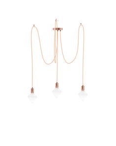 three light fixtures hanging from the ceiling in an elegant style with copper colored metal fittings