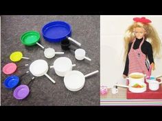 two pictures one has a barbie doll and the other has plastic measuring spoons on it