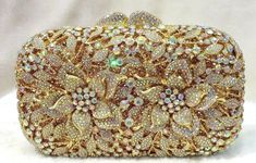 New Gold With Iridescent Austrian Crystal Floral Minaudiere Hard shell Evening Clutch Handbag With Gold Shoulder Chain Inside Elegant Multicolor Evening Bag, Elegant Multicolor Clutch For Formal Occasions, Glamorous Multicolor Evening Bag For Formal Occasions, Elegant Multicolor Evening Bag For Formal Occasions, Luxury Multicolor Evening Bag For Wedding, Gold Luxury Evening Bag For Celebration, Luxury Gold Evening Bag For Celebration, Elegant Iridescent Bags, Elegant Multicolor Evening Bag For Celebrations