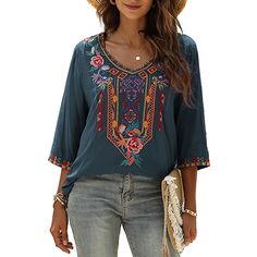 Season:Summer; Fabric:Rayon; Sleeve Length:3/4 Length Sleeve; Look After Me:Machine wash; Gender:Women's; Style:Boho; Elasticity:Inelastic; Tops Type:Blouse; Occasion:Daily; Top Length:Regular; Fit Type:Loose Fit; Pattern:Geometric; Design:Embroidered; Neckline:V Neck; Front page:FF; Listing Date:06/17/2024; Production mode:External procurement; Bust:null; Shoulder Width:null; Sleeve:null; Fit US Size:null; Fit UK Size:null; Fit EU Size:null Summer Boho Print Folk Blouse, Summer Folk Blouse With Boho Print, Summer Folk Style Blouse With Boho Print, Bohemian Half Sleeve Summer Tops, Bohemian Floral Print Top With 3/4 Sleeves, Bohemian Blouse With 3/4 Sleeve Floral Print, Bohemian Half Sleeve Tops For Fall, Bohemian Tops With 3/4 Sleeve And Floral Embroidery, Spring Bohemian Half Sleeve Blouse