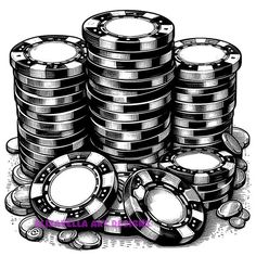 stacks of poker chips and casino tokens on the table, black and white drawing