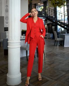 Red Office Women 3-piece Suit With Slim Fit Pants Buttoned - Etsy Womens Office Wear, White Jumpsuit Formal, Graduation Suit, Womens Red Blazer, Blazer With Belt, Red Office, Suit Pin, Womens Office, Office Women