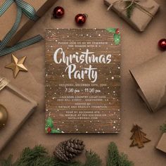 a christmas party flyer with presents on the table and gifts around it, all wrapped in brown paper