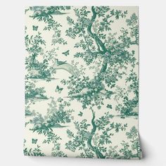 a green and white wallpaper with birds, trees, and flowers on the background