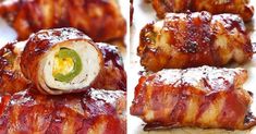 bacon wrapped in sauce and topped with a green pepper