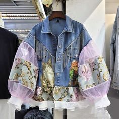 Lantern Sleeve Cardigan, Fashion Denim Jacket, Tassel Jacket, Patchwork Denim Jacket, Denim Jacket Fashion, Denim Fashion Women, Denim Jacket Women, Mixing Fabrics, Denim Coat