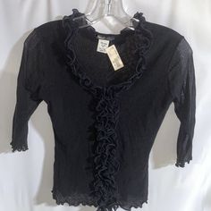 Reynaldo Ramos Women's Black Top 3/4 Sleeve Size S Black Fitted Half Sleeve Tops, Fitted Black Top With 3/4 Sleeves, Black Fitted Blouse With 3/4 Sleeve, Fitted Black Blouse With 3/4 Sleeves, White Satin Blouse, Peplum Belt, Black Silk Shirt, Poet Blouse, Fringe Blouse