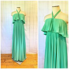 Elegant 1970s vintage gown by Leo Narducci Ambience. Fabric is a lightweight jersey with a very subtle sheen. Zipper in the back. The neck strap attaches in the front by a hidden hook. Bust is 31 inches with the top edge of the gown 30 inches. Empire waist is 26 inches, seam is hidden by the pleated overlay. Hips are free. Length from the top of the bust is 49 inches. Wonderful condition. Unable to close the back as the dress is smaller than the mannequin. Mannequin measurements are: 34 / 24-1/4 Full Length Maxi Dress For Spring Cocktail, Spring Cocktail Full-length Maxi Dress, Summer Cocktail Full-length Maxi Dress, Vintage Spring Gala Dresses, Vintage Green Evening Maxi Dress, Vintage Green Maxi Dress For Evening, Vintage Floor-length Cocktail Maxi Dress, Vintage Floor-length Maxi Dress For Cocktail, Vintage Green Maxi Dress For Party