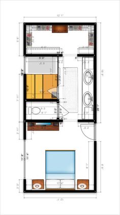 the floor plan for a small apartment with two beds and one living room in it