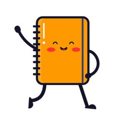 an orange notebook running with its arms and legs in the air while holding it's hands