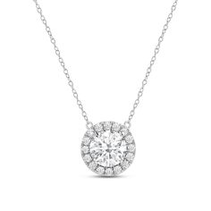 That one piece that will inject a shot of glamour into your looks. This white gold necklace features round diamond surrounded by a halo of smaller round diamonds. Four prongs secure the center diamond in place. The timeless look of this necklace allows you to pair it with almost any of your favorite outfits. White Gold Necklace, White Gold Necklaces, Lab Created Diamonds, Round Diamond, Round Diamonds, Diamond Necklace, Halo, Favorite Outfit, Gold Necklace