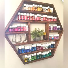 Hexagon Essential Oil Shelf I've Never Hung It Or Used It. Essential Oil Cabinet, Essential Oil Display Ideas, Essential Oil Display, Oil Display, Oil Shelf, Essential Oil Shelf, Essential Oil Storage, Oil Storage, Wood Oil