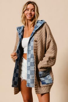 Washed Checker Denim Zip Up Sweater Cardigan - Latte Denim Denim Cardigan, Unique Cardigan, Cool Denim, Rompers Dressy, Checker Pattern, Checker Print, Denim Sweater, Print Coat, Zip Up Sweater