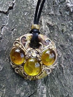 Handmade pendant, glass stones, cyrcle pendant, yellow stones, gold tone, magic, fantasy, moon, unique gift, polymer clay jewelry, romantic