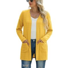 JWD lightweight slim fit cardigan sweater with pockets *Style: Fashionable cardigan cardigan, threaded cuffs, top with textured design *Our mission is to provide you with high-quality daily clothing. We will develop more colors for you to choose from. *Tip: Machine cleaning. Do not bleach. " Size: 2XL.  Color: Yellow.  Gender: female.  Age Group: adult. Solid Sweater With Pockets For Layering, Trendy Spring Sweater With Pockets, Trendy Open Front Sweater With Pockets, Trendy Solid Color Cardigan, Trendy Non-stretch Solid Color Cardigan, Solid Non-stretch Spring Cardigan, Spring Solid Non-stretch Cardigan, Fitted Open Front Sweater Coat With Pockets, Casual Fitted Sweater Coat With Pockets