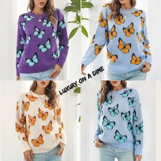 Fuzzy Monarch Butterfly Raised Shag Bold Colors Knit Pullover Sweater