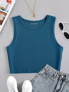 Neblina azul Casual Collar  Tela Liso Tank Embellished Elástico Ligero Primavera/Otoño,Verano Crop Top Designs, Book Clothes, Cute Lazy Outfits, Lazy Outfits, Slim Fit Top, Women Tank Tops, Simple Trendy Outfits, Sleeveless Vest, Sleeveless Tank Top