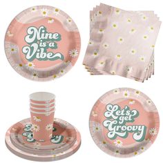 pink paper plates and napkins with the words nine is a vibe on them