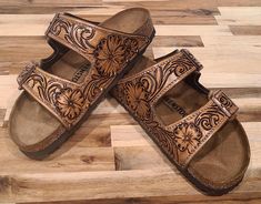 We handcraft each pair of Custom Birkenstocks to order. Reach out to us with your design requests and sizing after purchasing this listing and we will work with you to make a one of a kind design. Tooled Birkenstock Sandals, Artisan Hand Tooled Leather Sandals, Custom Birkenstocks, Leather Birkenstocks, Closed Terrarium, Leather Designs, Western Look, Terrarium Plants, Birkenstock Sandals