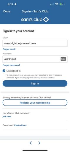 the sam's club login screen