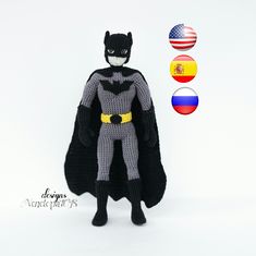 a crocheted batman figure is posed in front of an american flag