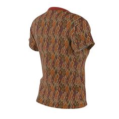 Dive into the rich tapestry of African-inspired fashion with our Geometric African Diamond Pattern All-Over Print T-Shirt. This high-quality garment melds cultural heritage with modern style, making it a versatile addition to any wardrobe. Crafted from 100% polyester, this light fabric t-shirt, weighing 6.0 oz, promises both comfort and durability. The intricate design, featuring an array of warm, earthy tones—burnt sienna, mustard yellow, olive green, and jet black—creates a mesmerizing effect Fitted Cotton T-shirt With All Over Print, Cotton V-neck Top With All Over Print, Brown Cotton Printed Tops, Fitted T-shirt With Vintage Print And Short Sleeves, Fitted Geometric Patterned Tops, Retro Fitted Top With All Over Print, Vintage Patterned Tops With All Over Print, Vintage Patterned Top With All Over Print, Traditional Crew Neck Cotton Shirt