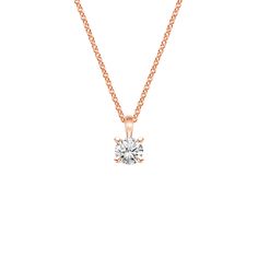 Single Bail Four Prong Pendant - 14K Rose Gold. A beautiful diamond is accentuated in this elegant, classic four prong pendant. The pendant dangles gracefully from a delicate cable chain. Classic Round Rose Gold Diamond Necklace, Classic Rose Gold Round Diamond Necklace, Classic Rose Gold Diamond Necklace Vvs Clarity, Classic Rose Gold Solitaire Necklace With Diamond Accents, Formal Rose Gold Solitaire Necklace With Round Pendant, Classic Rose Gold Diamond Necklace With Round Cut, Rose Gold Solitaire Diamond Necklace With Round Cut, Timeless Rose Gold Diamond Necklace With Round Cut, Classic Rose Gold Solitaire Necklace For Anniversary