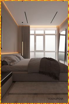 a large bed sitting in the middle of a bedroom next to a window with curtains