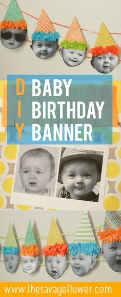 baby birthday banner with photos and party hats