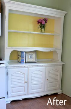 a white hutch with yellow painted walls and flowers on top, before and after