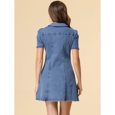 This dress with denim design that features collared and vintage bubble short sleeves. Sweet and feminine, the mini dress shows off your casual wearing style. A full-button placket makes you more comfortable when you wear it. Suitable for Work, Shopping, Dating, Casual, Coffee Shop, etc. Perfectly pair with your pretty sandals and simple handbag for a casual look. A good choice to wear it for a sweet date. Simple Handbag, Pretty Sandals, Denim Shirt With Jeans, Denim Shirt Dress, Denim Design, Washed Jeans, Button Down Collar, Dress Blue, Denim Shirt