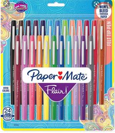 the paper mate fountain pens are set in a box with different colors and designs on it