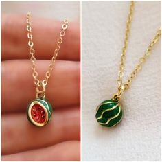 "24K gold-filled enameled watermelon charm 14K gold-filled 2.5mm flat cable chain 14K gold-filled 10mm Italian teardrop lobster clasp NOTE: Gemsicles' gold-filled jewelry is cadmium-free, lead-free and nickel-free. :) NOTE: This listing is for one necklace with one pendant, but you can choose to purchase just the pendant without the chain (see drop down menu). The \"Pendant - No Chain\" option includes the pendant with a bail/top loop and no chain. Fast and free shipping US seller located in Tex Adjustable Watermelon Colored Jewelry For Gifts, Adjustable Watermelon Colored Jewelry As Gift, Adjustable Watermelon Colored Jewelry Gift, Adjustable Enamel Necklace For Gifts, Red Enamel Necklace Nickel Free, Red Enamel Nickel-free Necklaces, Red Enamel Nickel-free Necklace, Melon Fruit, Watermelon Necklace