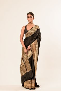 Gold Broad Border Katan Silk Handwoven Banarasi Saree - Anvi Couture Gold Silk Traditional Wear With Cutdana, Traditional Slub Silk Dupatta For Formal Occasions, Transitional Gold Silk Traditional Wear, Traditional Gold Silk Traditional Wear, Traditional Gold Silk Wear, Transitional Silk Traditional Wear With Border, Luxury Traditional Wear For Ceremonial Festivals, Ceremonial Luxury Dupatta With Traditional Drape, Elegant Dupatta With Border For Festive Occasions