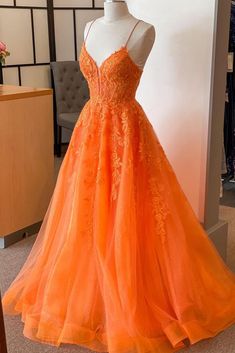 A Line V Neck Orange Lace Long Prom Dress Sleeveless Orange Evening Dress For Wedding, Orange V-neck Dress For Prom, Orange Floor-length Prom Dress, Orange Wedding Dress With Sweetheart Neckline, Fitted Orange Floor-length Dress, Orange Fitted Floor-length Dress, Orange Floor-length Dress With Fitted Bodice, Orange Wedding Dress With Fitted Bodice, Prom Dress Orange