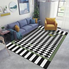 a black and white checkered rug in a living room with two yellow chairs on the floor